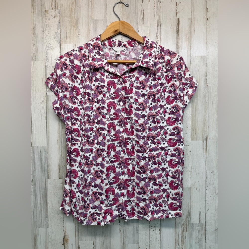 Lucky Brand Womens Pink Floral Paisley Short Sleeve Button Down Shirt Size M